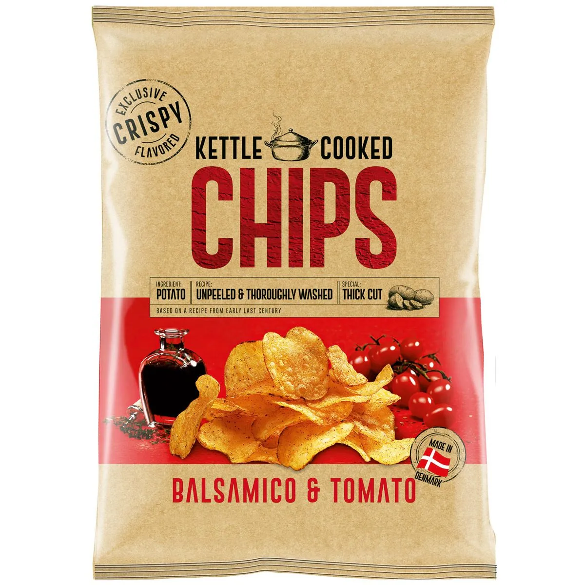 5701397326623KETT-1 OK Snacks Kettle Chips BALSAMICO & TOMATO aus Dänemark (150g)