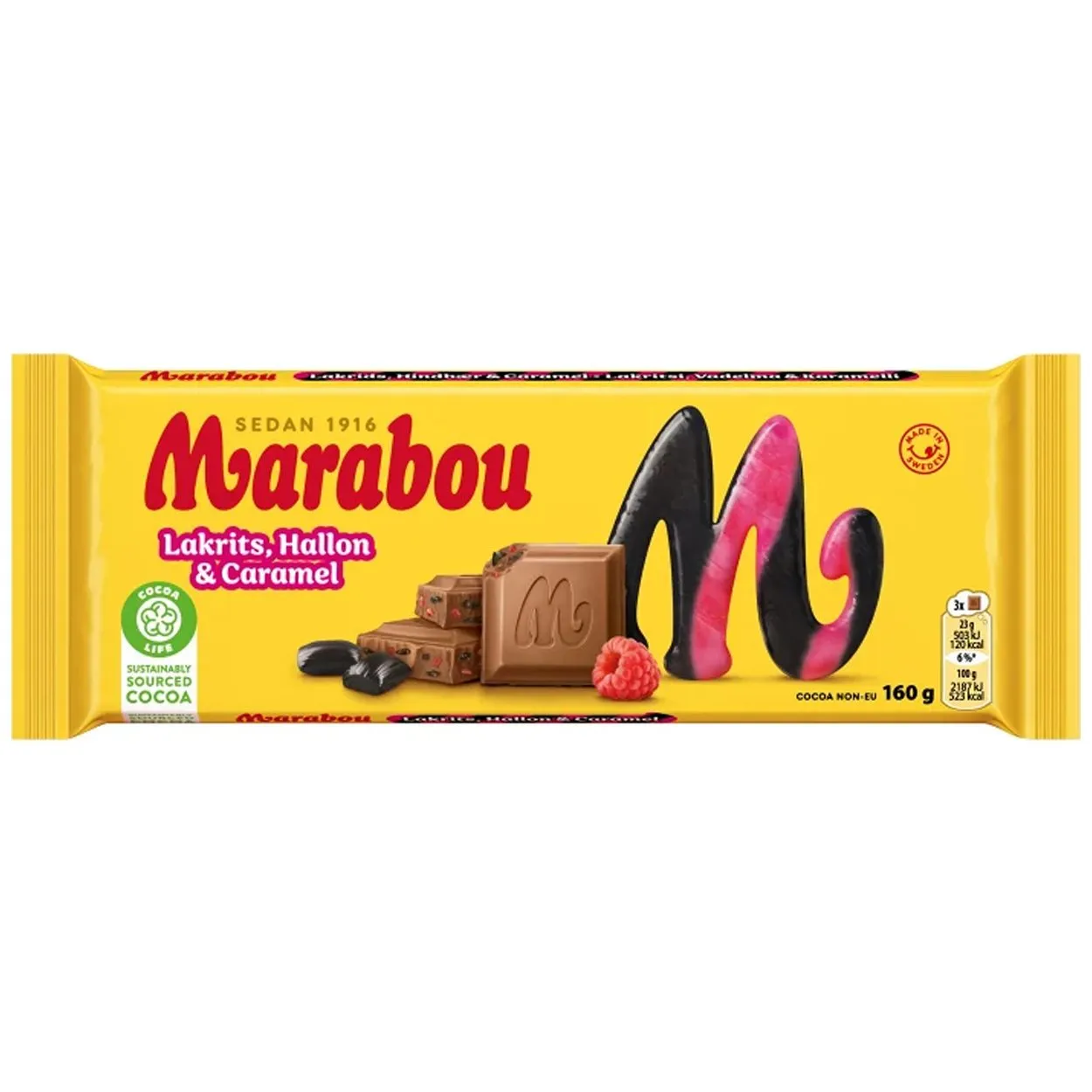 7622202277320MAR-1 Marabou Lakrits, Hallon & Caramel (160g)