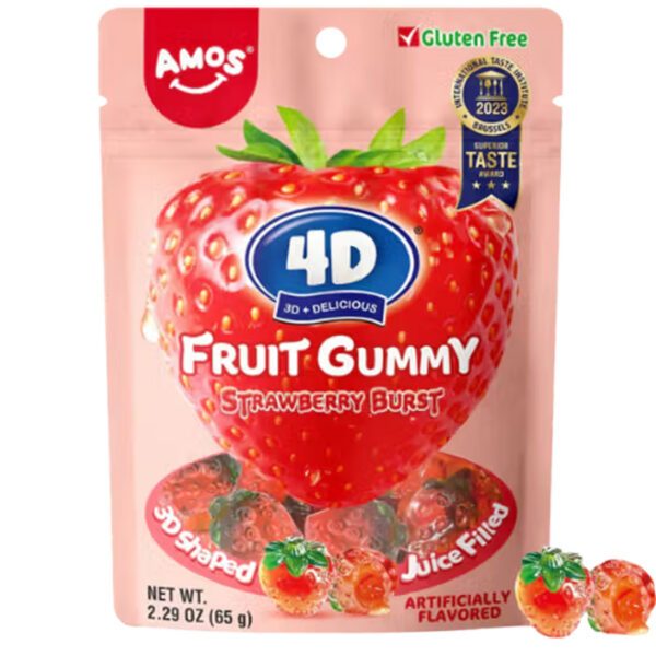 AMOS 4D Fruit Gummy Strawberry Burst – Fruchtgummi mit Erdbeerfüllung (65g)