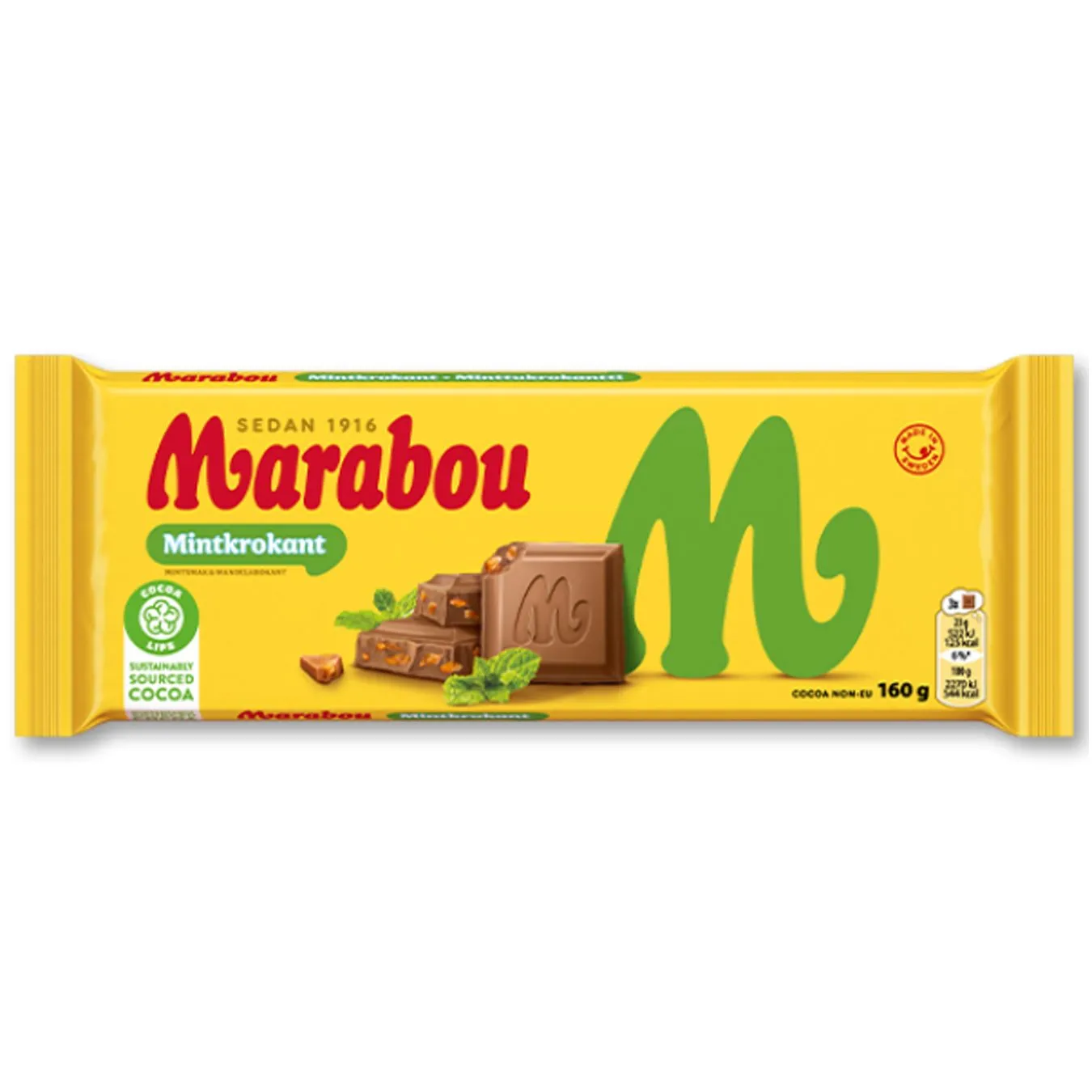 7622202239090MON-1 Marabou Mint krokant – Vollmilchschokolade mit Minz-Mandelkrokant (160g)