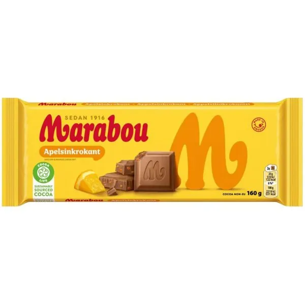 Marabou Apelsinkrokant – Milchschokolade mit Apfelsinkrokant (160g)
