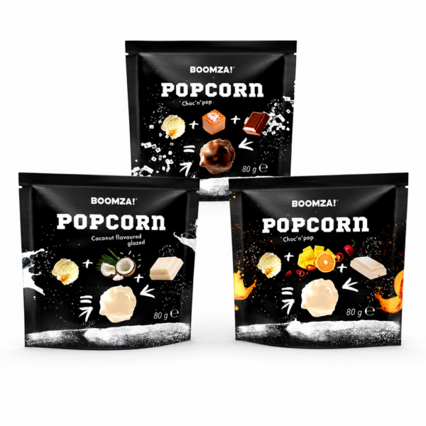 3er-Pack Boomza Popcorn Trio - Süß, Exotisch & Salzig (240g)